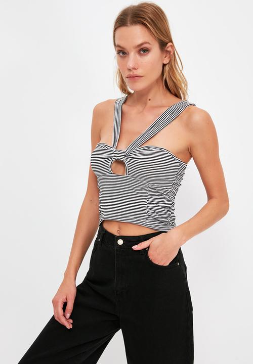Trendyol - Tie detailed strap striped knitted blouse - black & white 