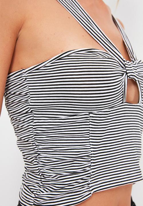 Trendyol - Tie detailed strap striped knitted blouse - black & white 