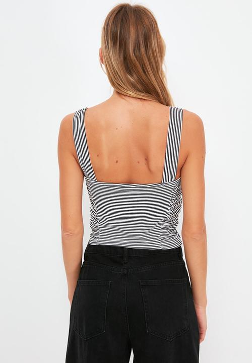 Trendyol - Tie detailed strap striped knitted blouse - black & white 