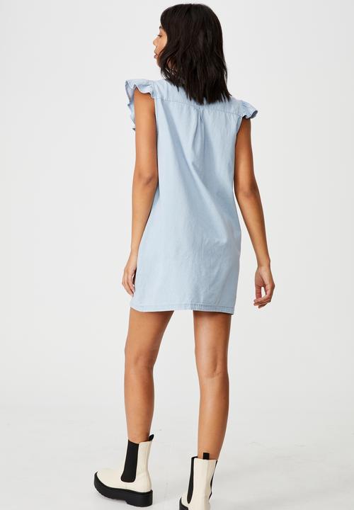 Cotton On - Woven Sienna denim sleeveless ruffle mini dress - light blue denim