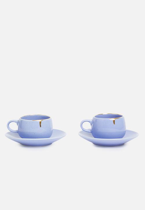 Urchin Art - Set of two Des Moines cup & saucer- sapphire & gold