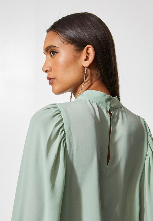 VELVET - Turtleneck woven blouse with draped sleeve - mint
