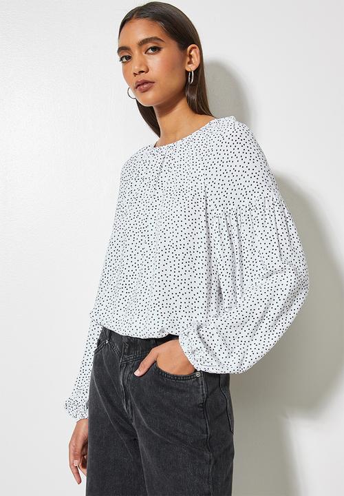 VELVET - Volume blouse with open back - black & white 