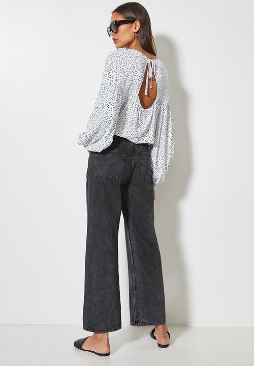 VELVET - Volume blouse with open back - black & white 