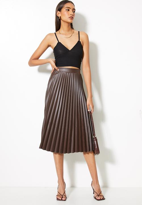 VELVET - Pu pleated a-line midi skirt - brown 