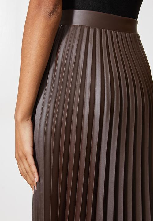VELVET - Pu pleated a-line midi skirt - brown 