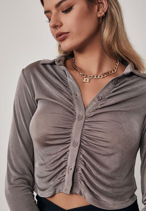 Factorie - Long sleeve gathered front collared top - mushroom