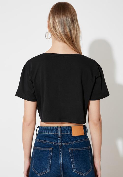 Trendyol - Tie crop knitted blouse - black