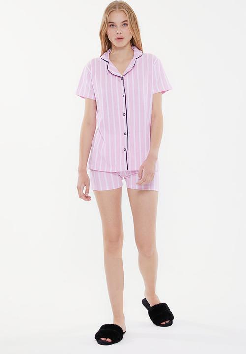 Trendyol - Printed knitted pajamas set - pink & white 