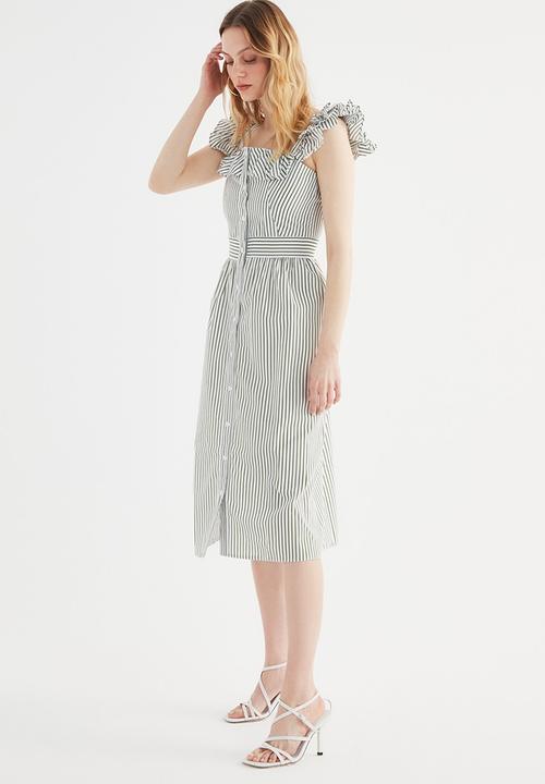 Trendyol - Striped frilly shirt dress - khaki