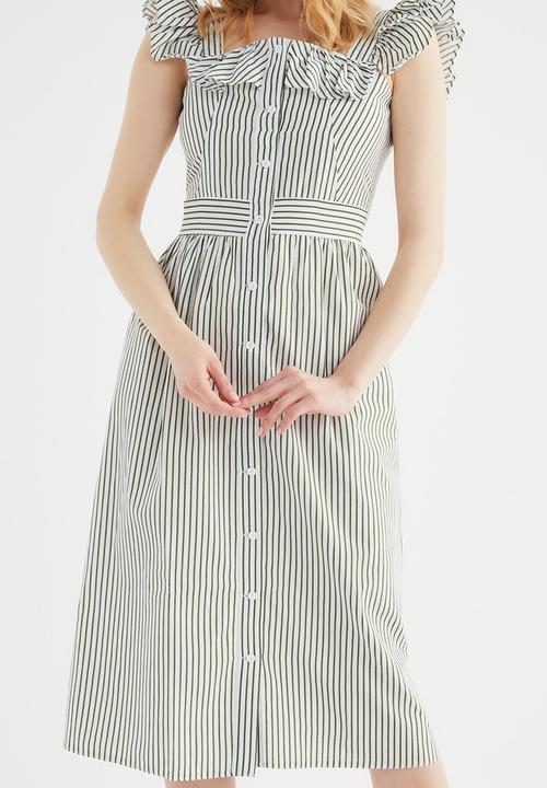 Trendyol - Striped frilly shirt dress - khaki