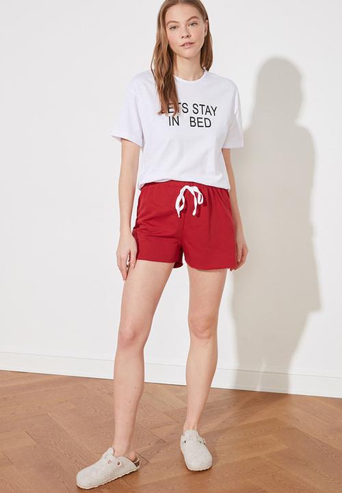 Trendyol - Printed knitted pajamas set - burgundy & white 