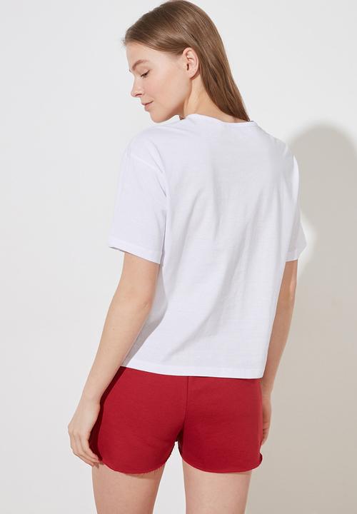 Trendyol - Printed knitted pajamas set - burgundy & white 