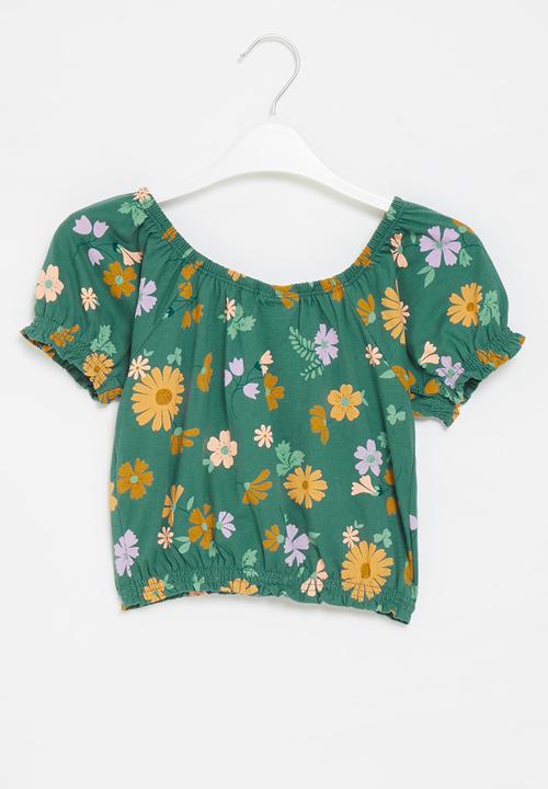Cotton On - Daphne puff sleeve top - turtle green/topenga floral