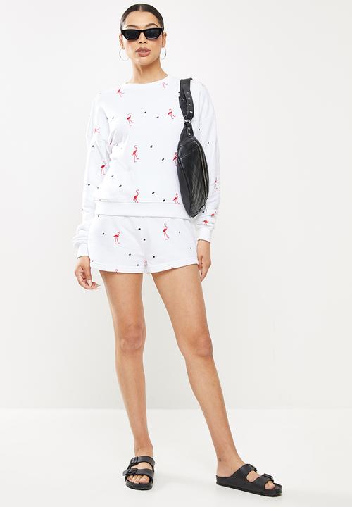 Missguided - Flamingo sweater short lounge set - white