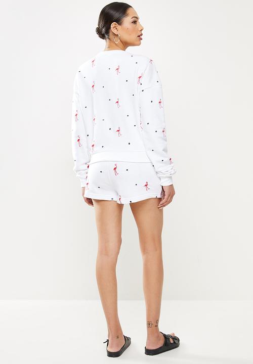 Missguided - Flamingo sweater short lounge set - white