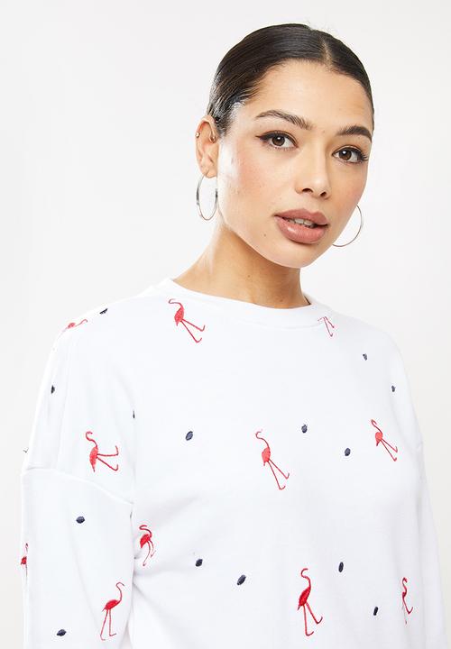 Missguided - Flamingo sweater short lounge set - white