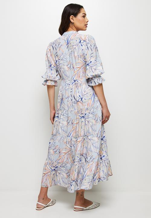 edit - Shirred puff sleeve tiered maxi - blues tropic watercolour