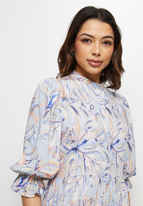 edit - Shirred puff sleeve tiered maxi - blues tropic watercolour