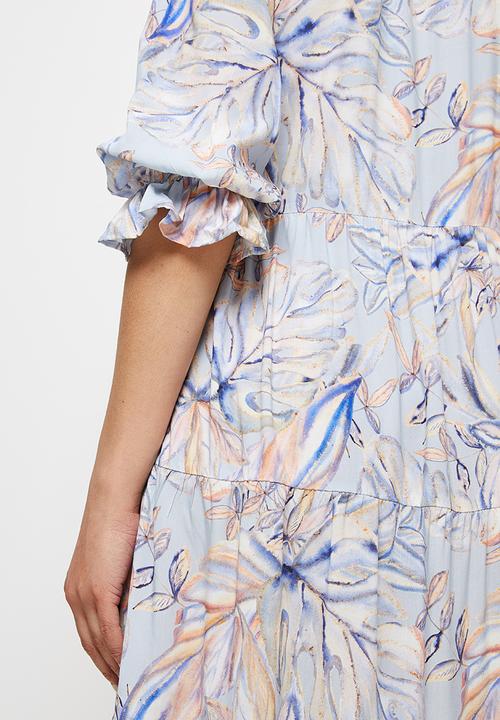 edit - Shirred puff sleeve tiered maxi - blues tropic watercolour