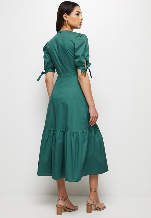 edit - Poplin tie sleeve tiered midi - emerald