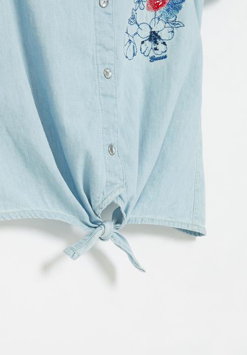 GUESS - Denim sleeveless tie front shirt - blue