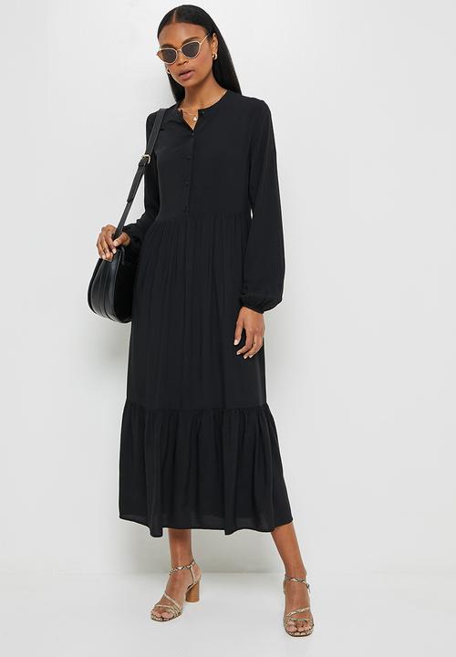 edit - Mandarin collar tiered maxi - black