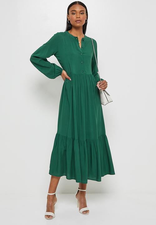 edit - Mandarin collar tiered maxi - botanical green