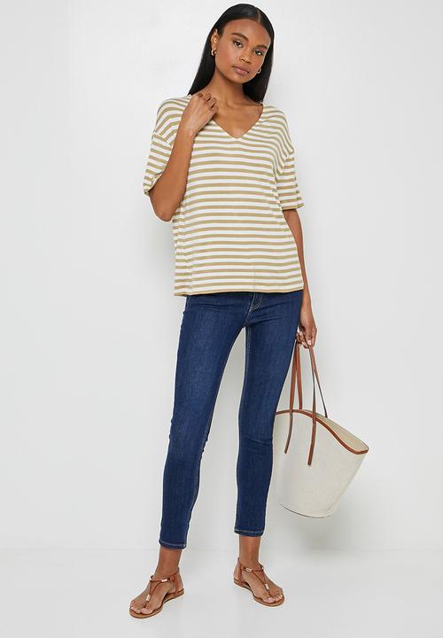 edit - Stripe loose fit vneck tee - beige milk stripe