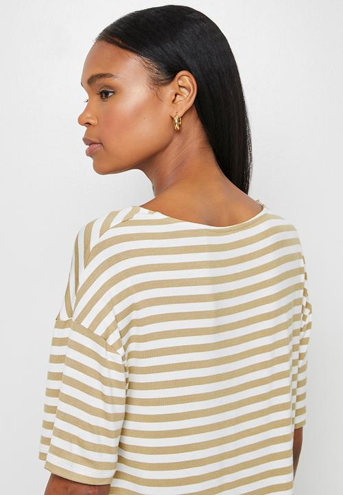 edit - Stripe loose fit vneck tee - beige milk stripe