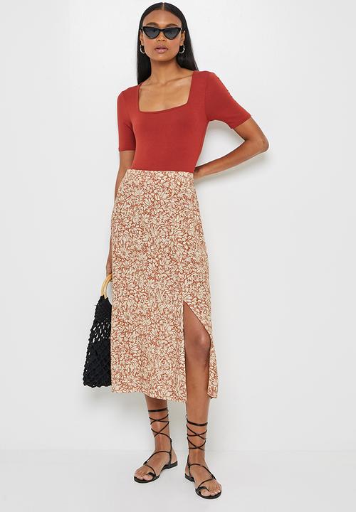 edit - Pull on slit midi skirt - rust floral