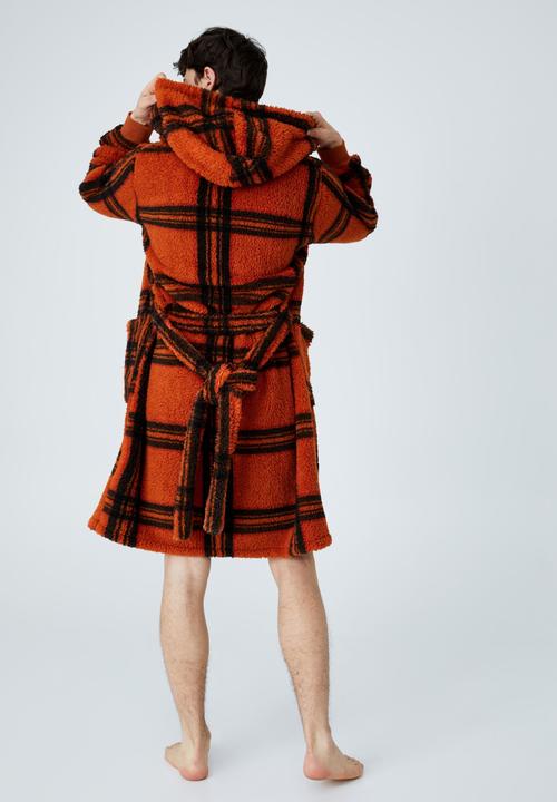 Cotton On - Mens plush gown - orange check