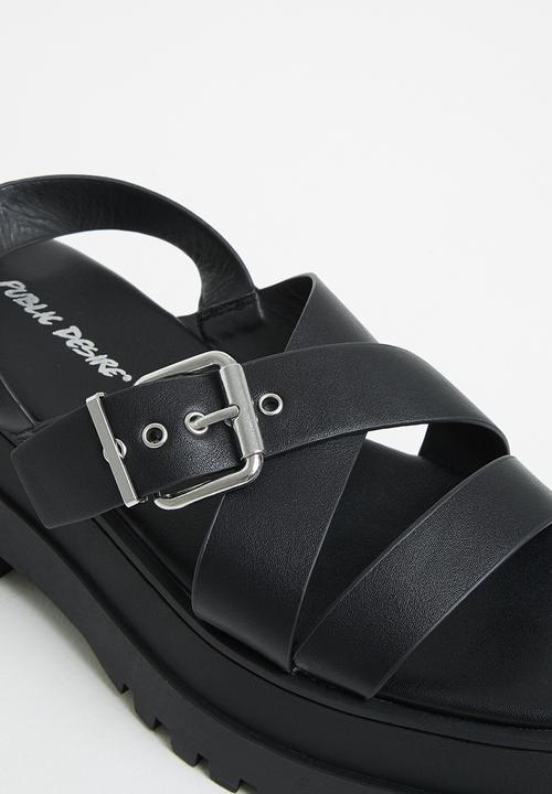 Public Desire - Follow pu chunky buckle slingback sandal - black
