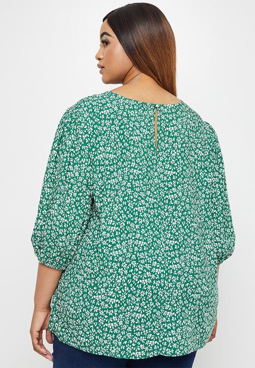 edit Plus - Mutton sleeve shell top - green & white 
