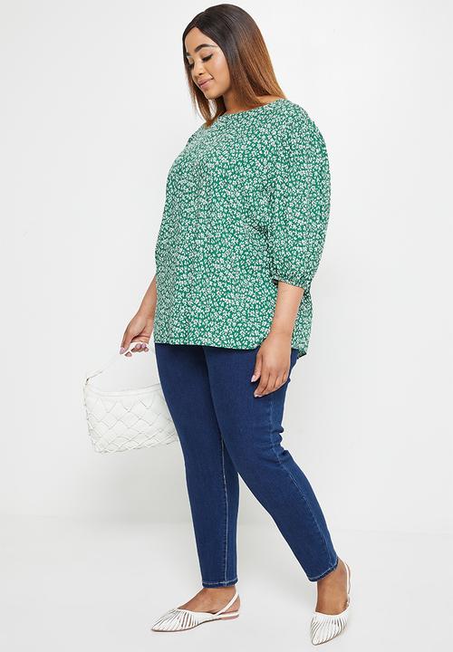 edit Plus - Mutton sleeve shell top - green & white 