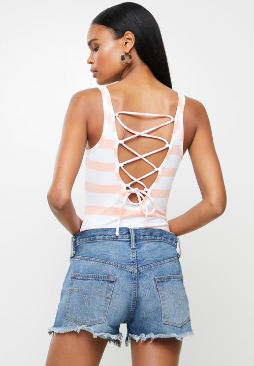 GUESS - Sleeveless classic logo stripe bodysuit - pink & white 