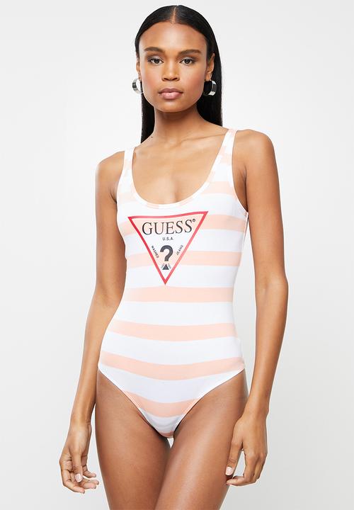 GUESS - Sleeveless classic logo stripe bodysuit - pink & white 