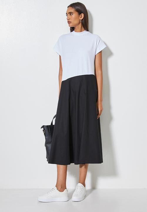 Superbalist - Grown on sleeve single jersey & poplin combo dress - white & black