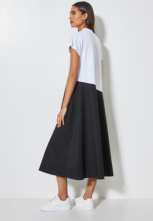 Superbalist - Grown on sleeve single jersey & poplin combo dress - white & black