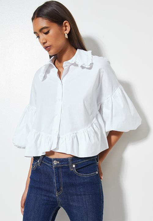 VELVET - Crop statement sleeve peter pan collar shirt - white