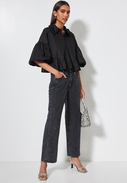 VELVET - Crop statement sleeve peter pan collar shirt - black