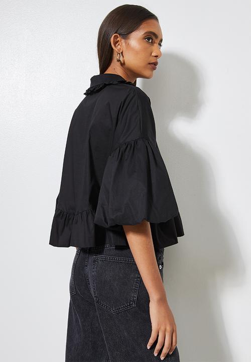 VELVET - Crop statement sleeve peter pan collar shirt - black