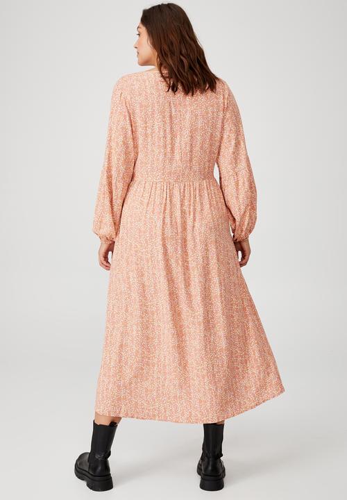 Cotton On - Curve woven linda long sleeve maxi dress - cleo ditsy stripe sugar rose
