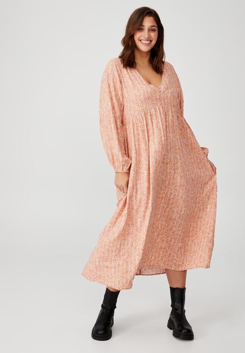 Cotton On - Curve woven linda long sleeve maxi dress - cleo ditsy stripe sugar rose