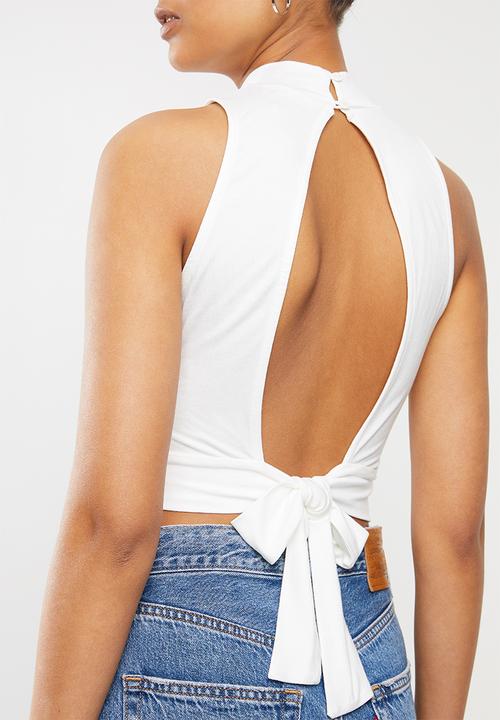 Blake - Turtle neck sleeveless tie back detail crop top - white