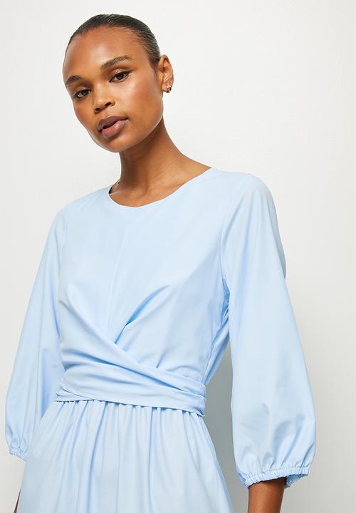 MILLA - Poplin wrap front midi dress - light blue