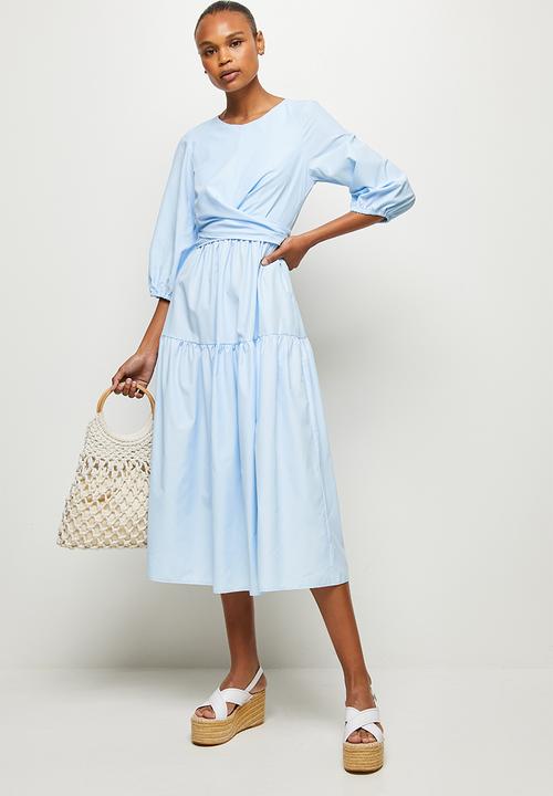 MILLA - Poplin wrap front midi dress - light blue