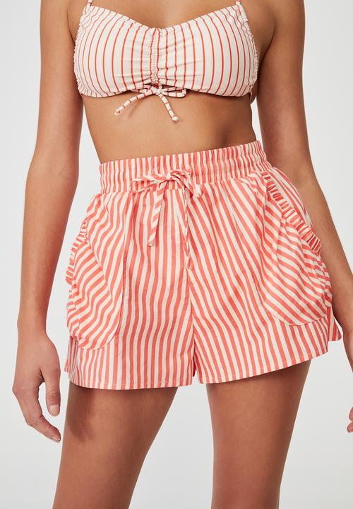Cotton On - Tie waist beach short - pomegranate/sandcastle stripe