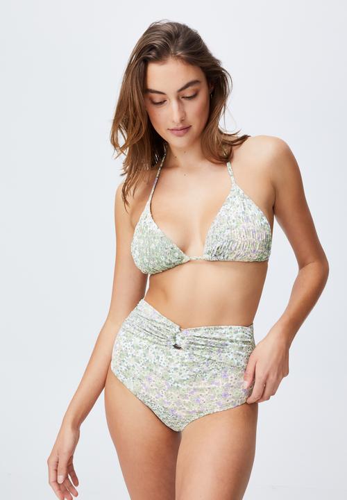 Cotton On - Slider triangle bikini top gathers - patchwork ditsy green