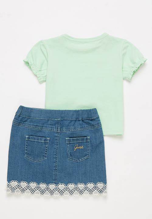 GUESS - T-shirt & denim lace skirt set - blue & mint 